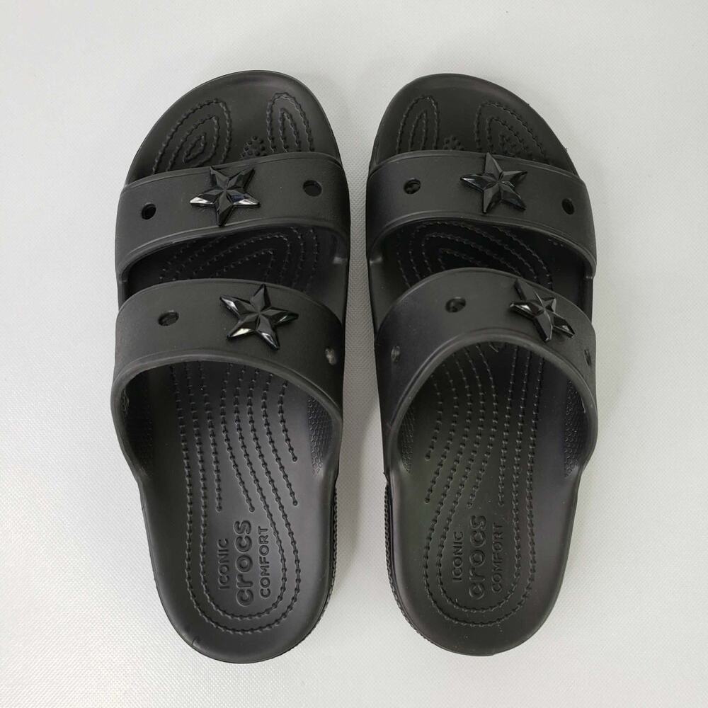 Crocs Classic Two-Strap Slide Sandals Black Women’s Size 9 Star Jibbitz - Picture 4 of 9
